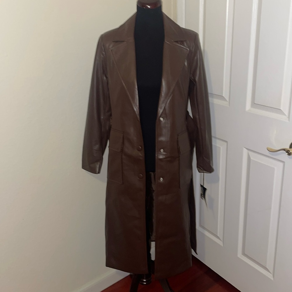 New Bagatelle New York Chocolate Brown Faux Leather Trench Coat - Picture 10 of 16